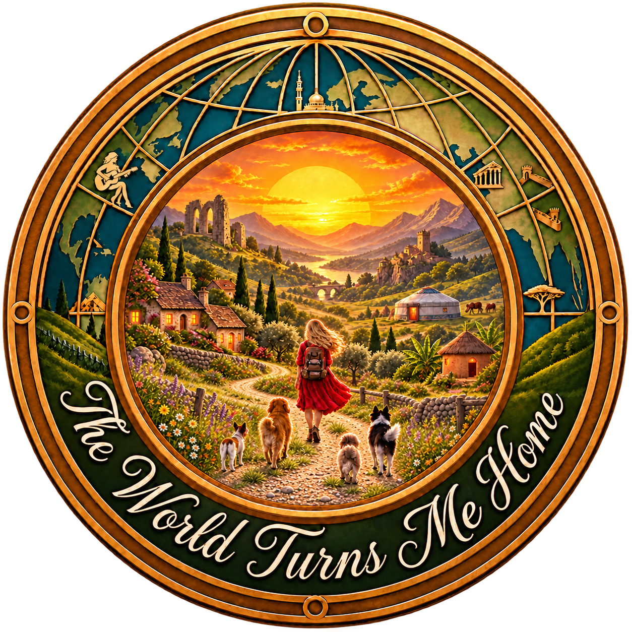 The World Turns Me Home logo: a woman in a red dress walks a country path with four dogs toward the sunset, inside a golden globe